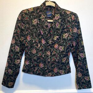 Vintage Y2K Boho Baroque Monsoon Twilight Black Brocade Floral Blazer Jacket 8